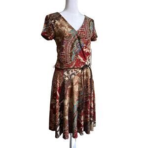 Ralph Lauren Fit & Flare Dress Paisley Brown Tan Burgundy Short Sleeve V-Neck M